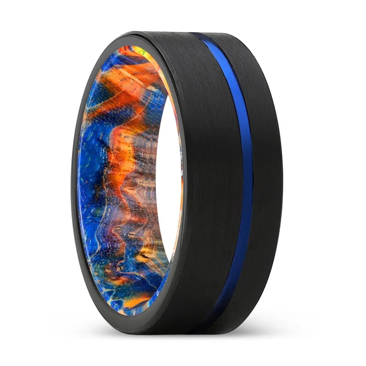 Chakra | Blue & Yellow/Orange Wood, Black Tungsten Ring, Blue Offset Groove, Flat 1