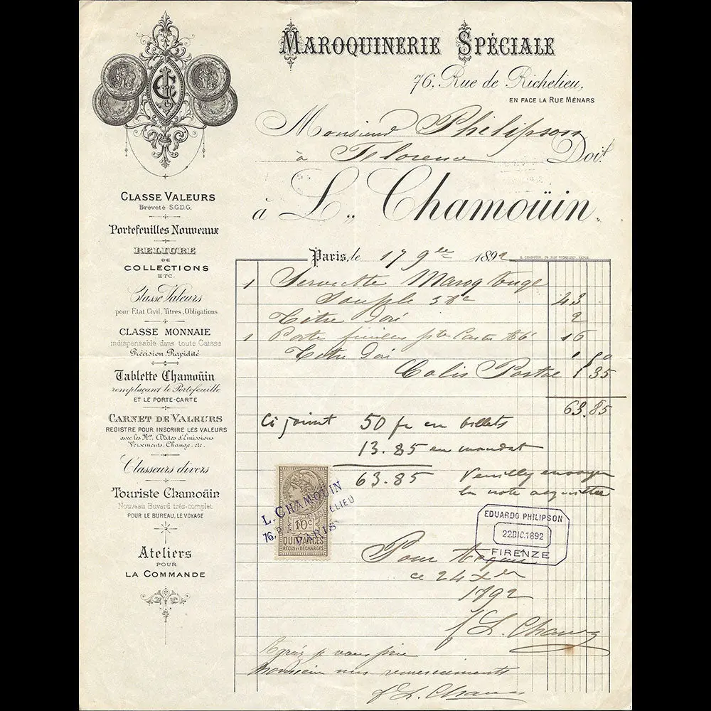 Chamouin - Facture De La Maison De Maroquinerie, 76 Rue De Richelieu À Paris (1892) 1
