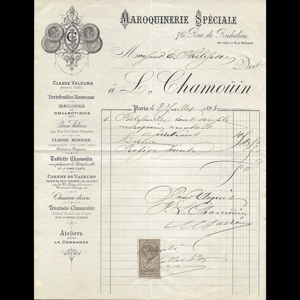 Chamouin - Facture De La Maison De Maroquinerie, 76 Rue De Richelieu À Paris (1893) 1