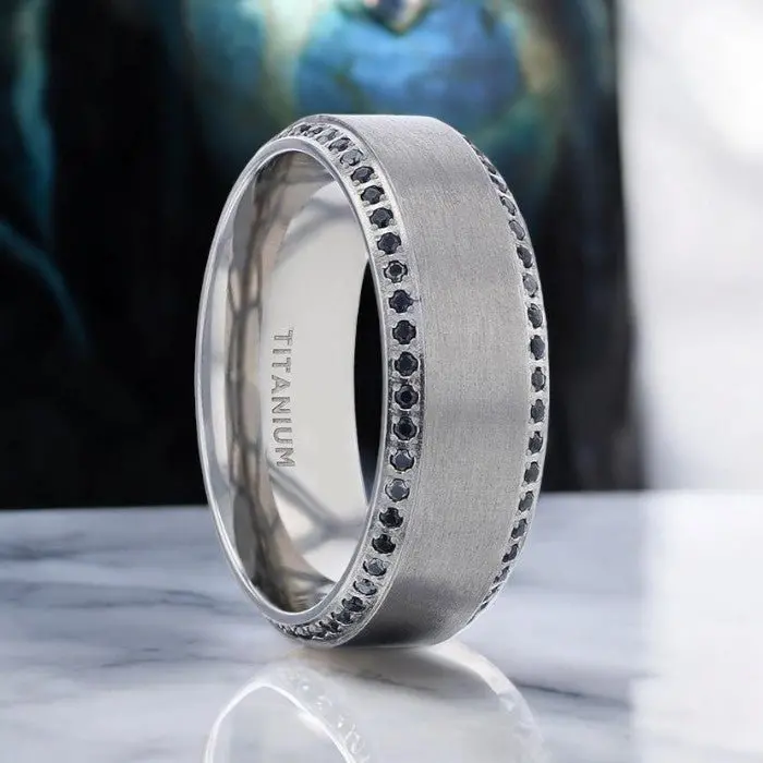 Champion | Silver Titanium Ring, Black Sapphires On Edges, Beveled 1