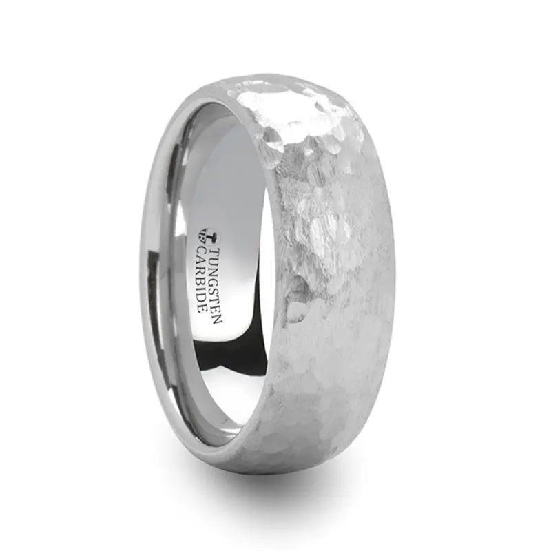 Chandler | White Tungsten Ring, Hammered Finish, Domed 3