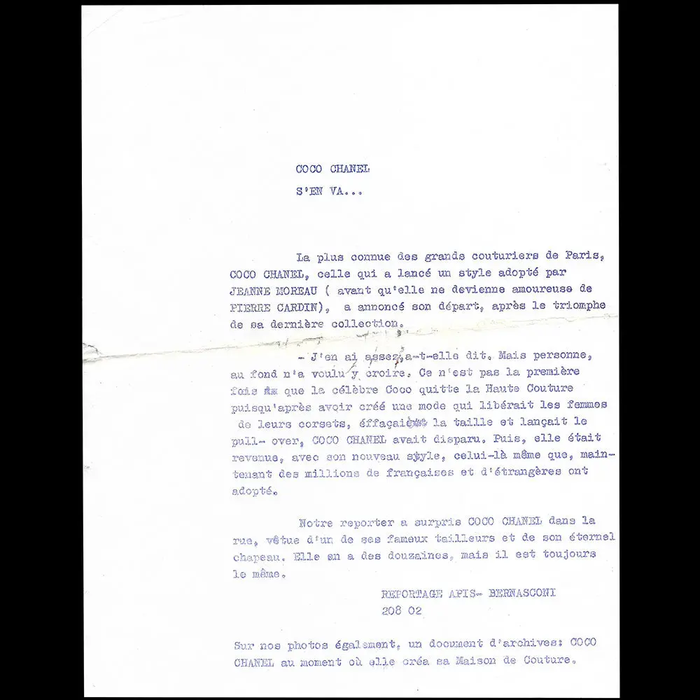 Coco Chanel S'en Va... - Communiqué De Pierre Bernasconi Pour Apis (1962) 1
