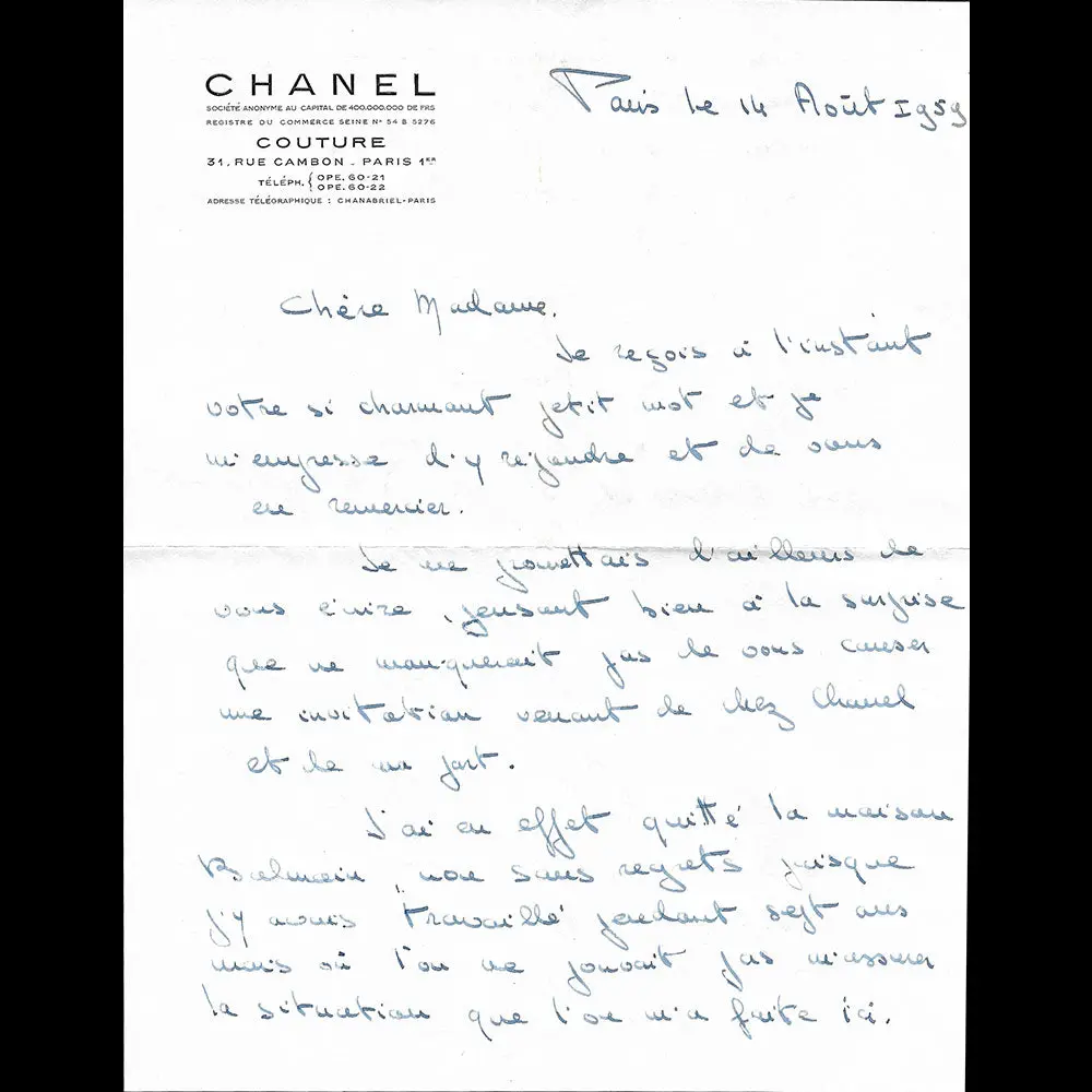 Chanel - Lettre D'une Employée De La Maison Chanel, 31 Rue Cambon À Paris (1959) 1