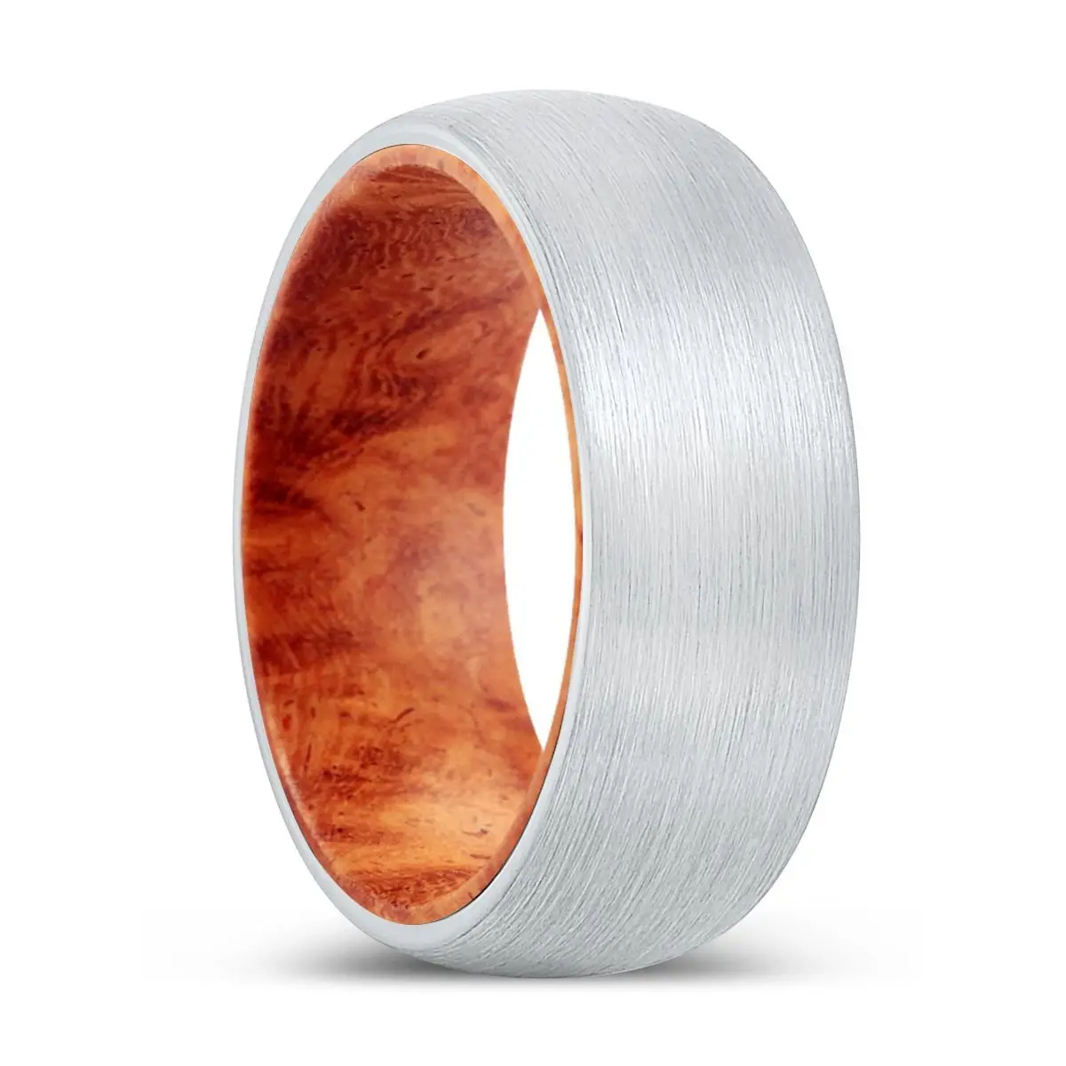 Chaos | Red Burl Wood, White Tungsten Ring, Brushed, Domed 1
