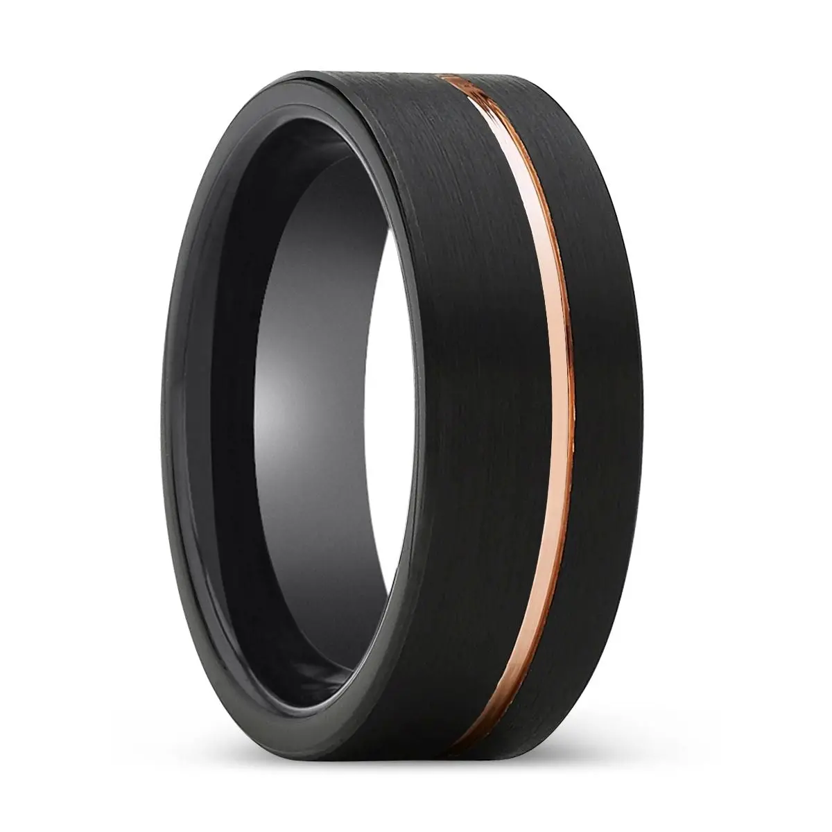 Charger | Black Ring, Black Tungsten Ring, Rose Gold Offset Groove, Brushed, Flat 1