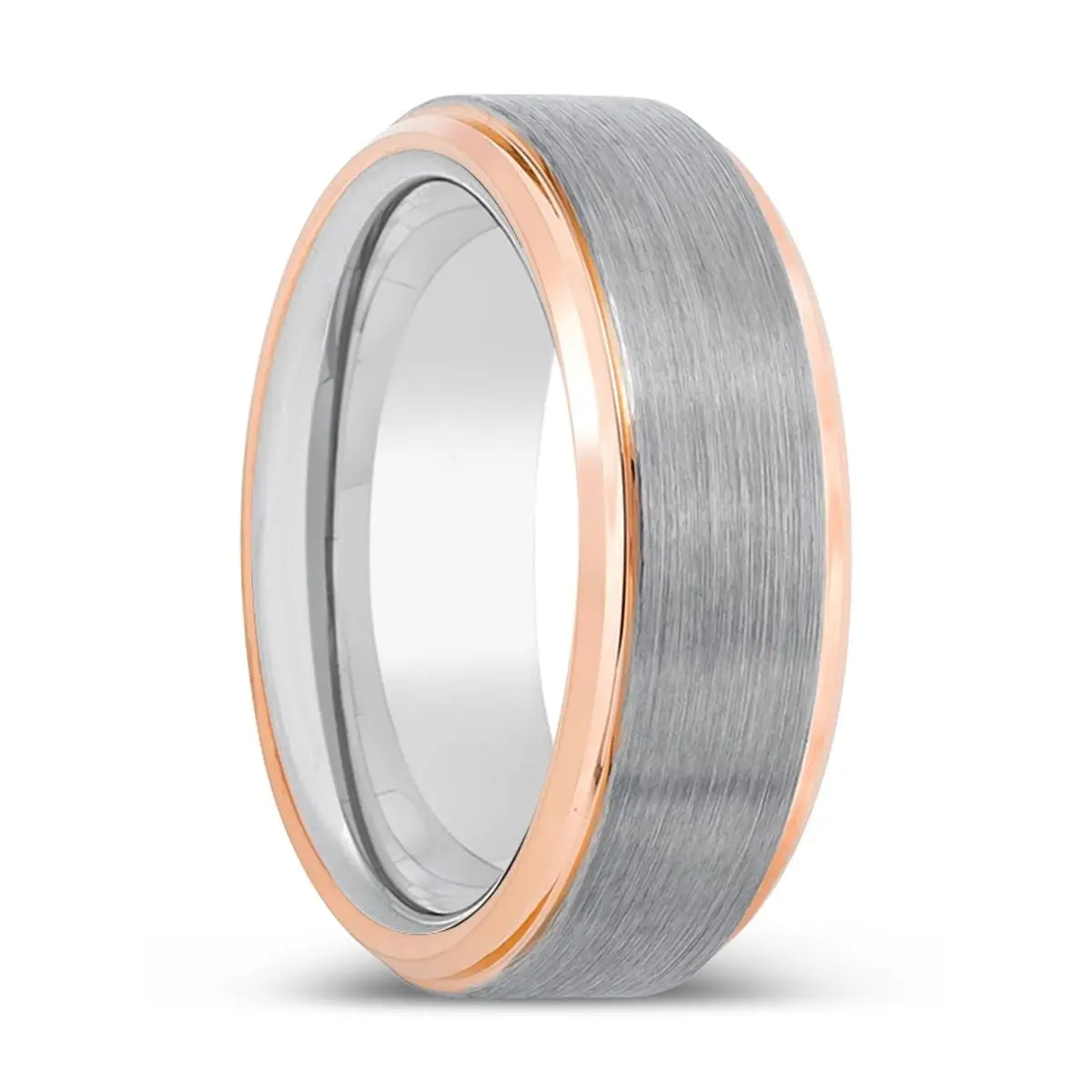 Charisma | Silver Ring, Silver Tungsten Ring, Brushed, Rose Gold Stepped Edge 1
