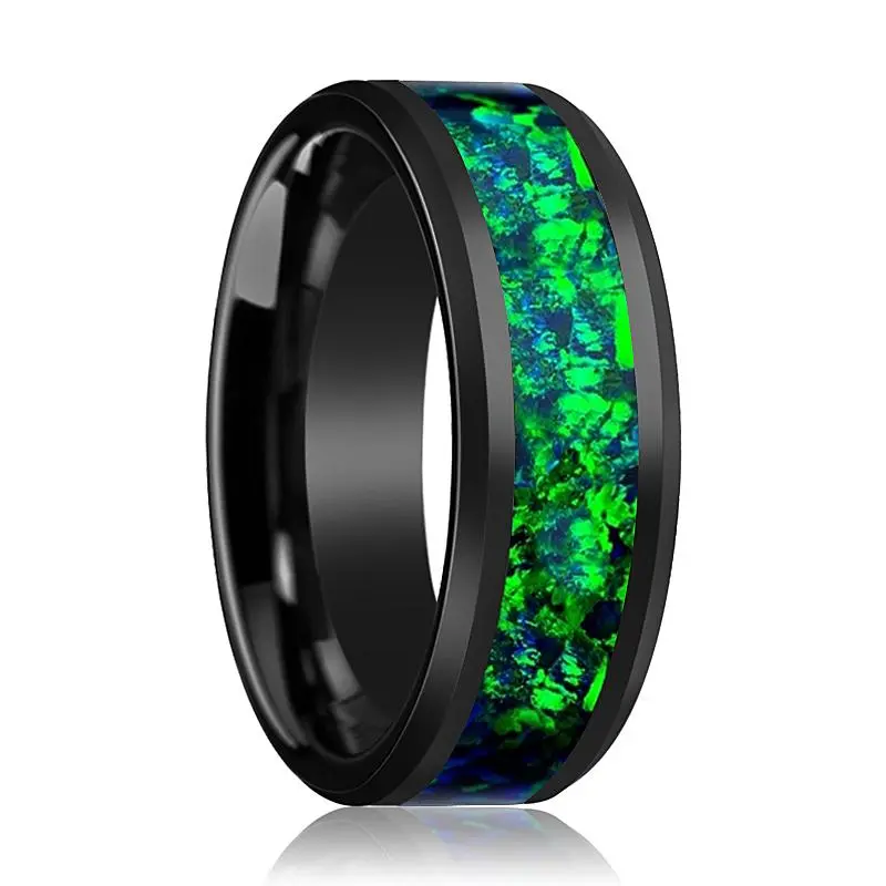 Pulsar | Black Ceramic Ring, Emerald Green & Sapphire Blue Opal Inlay, Beveled 1