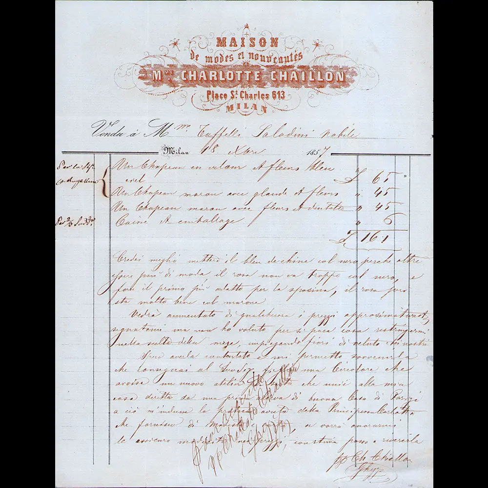 Charlotte Chaillon - Facture De La Maison De Modes Et De Nouveautés, Place Saint-Charles Milano (1867) 1
