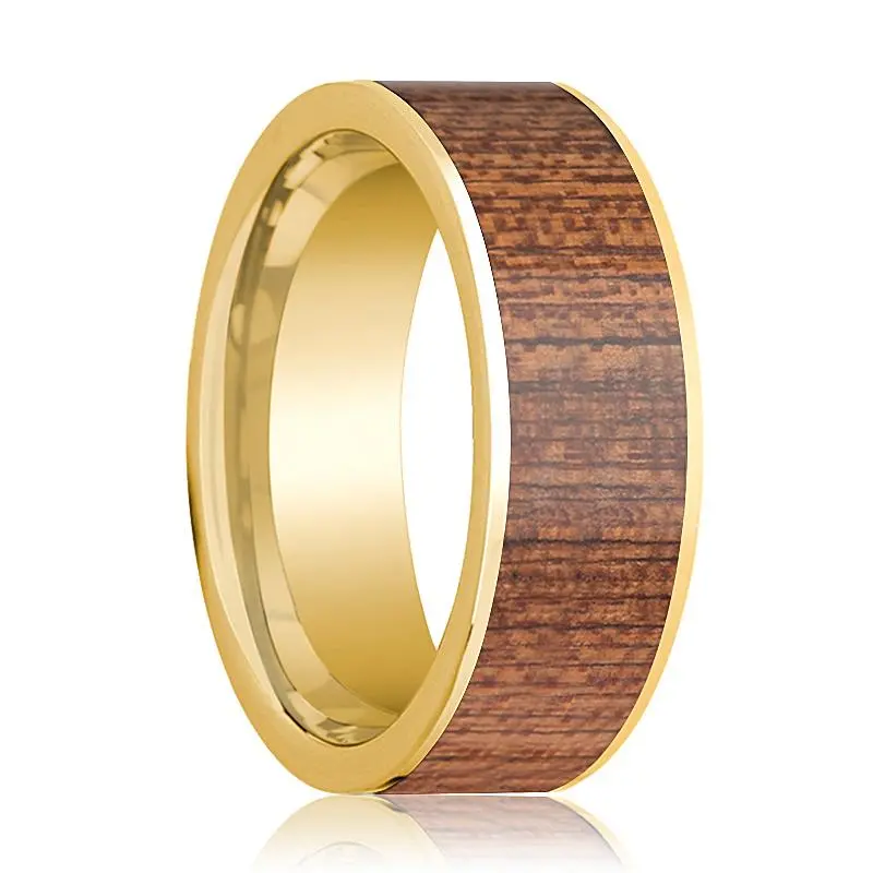 Cherry Wood Inlaid Flat 14K Gold Wedding Band For Men Polished Finish - 8Mm 1