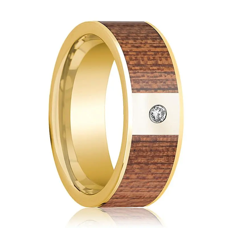 Cherry Wood Inlaid Men's 14K Gold Wedding Band With White Diamond In Center - 8Mm 1