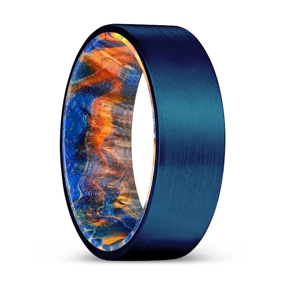 Chief | Blue & Yellow/Orange Wood, Blue Tungsten Ring, Brushed, Flat 1