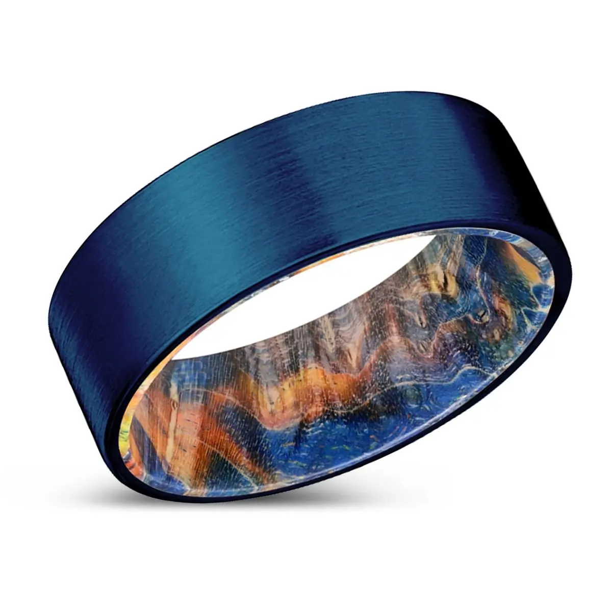 Chief | Blue & Yellow/Orange Wood, Blue Tungsten Ring, Brushed, Flat 2