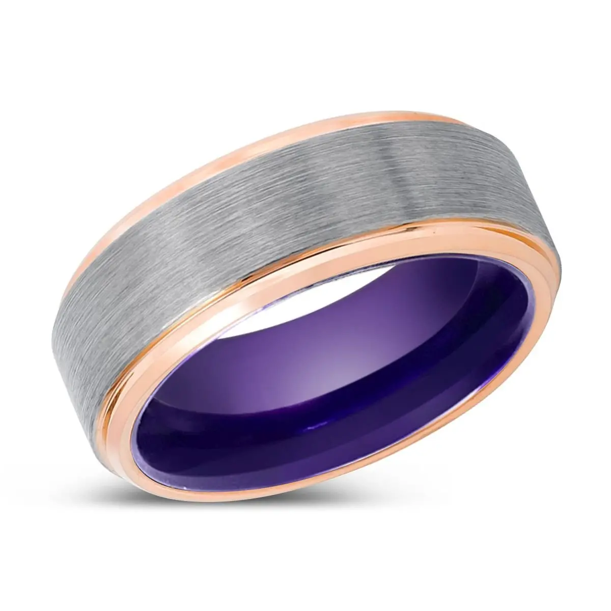 Chipper | Purple Ring, Silver Tungsten Ring, Brushed, Rose Gold Stepped Edge 2
