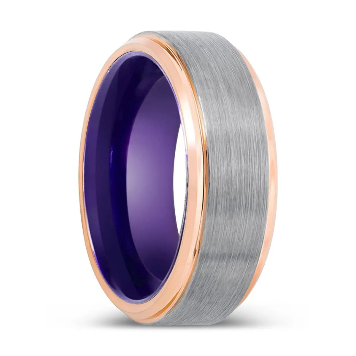 Chipper | Purple Ring, Silver Tungsten Ring, Brushed, Rose Gold Stepped Edge 1