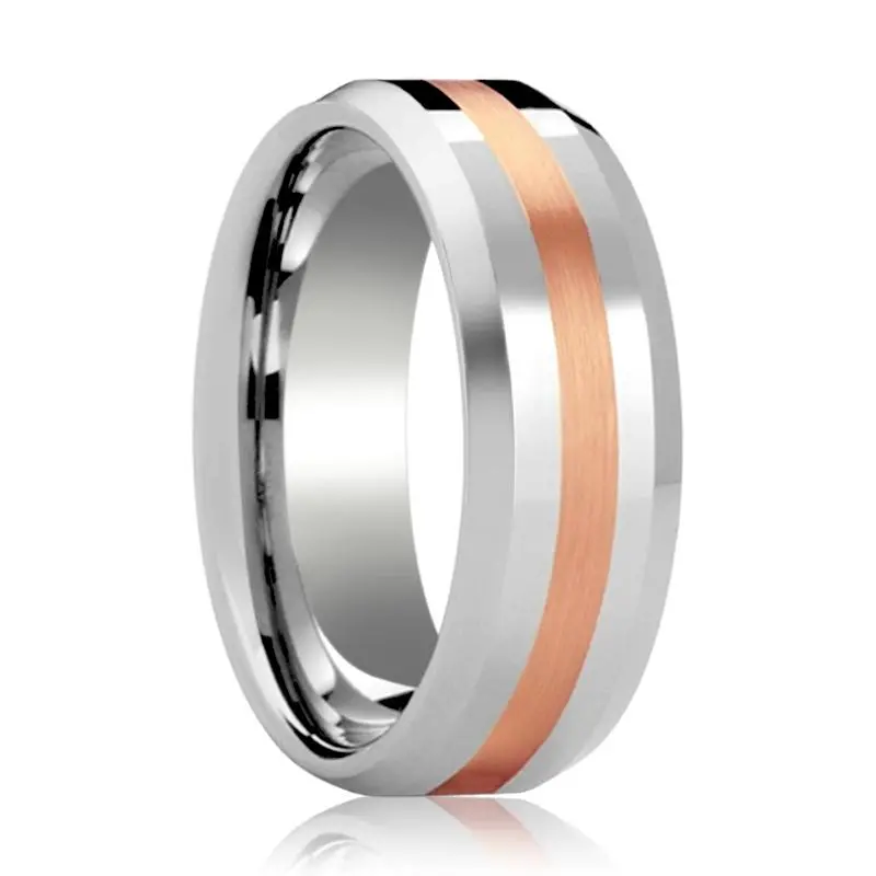 Chiron | Silver Tungsten Ring, 14K Rose Gold Stripe Inlay, Beveled 1