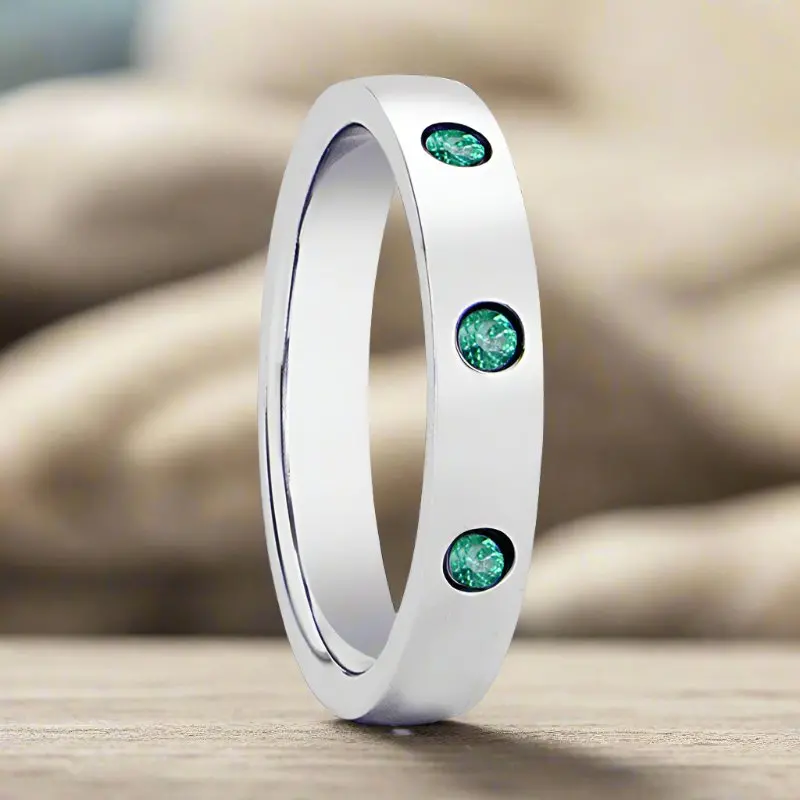 Chloe | Womens Silver Tungsten Ring, 3 Green Emeralds, Domed 3