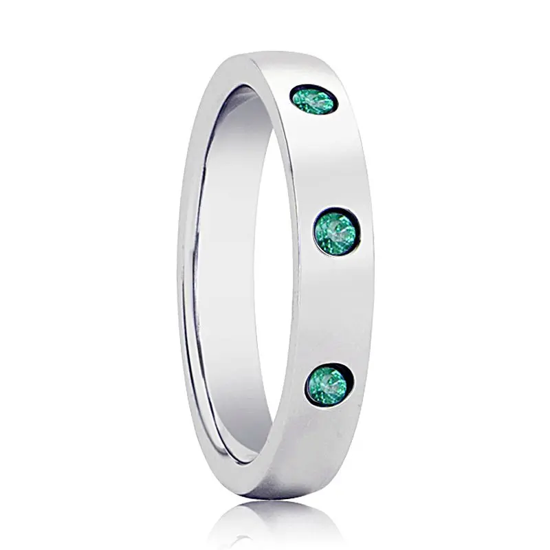 Chloe | Womens Silver Tungsten Ring, 3 Green Emeralds, Domed 1