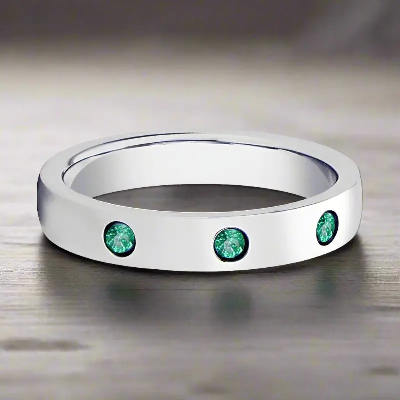 Chloe | Womens Silver Tungsten Ring, 3 Green Emeralds, Domed 4