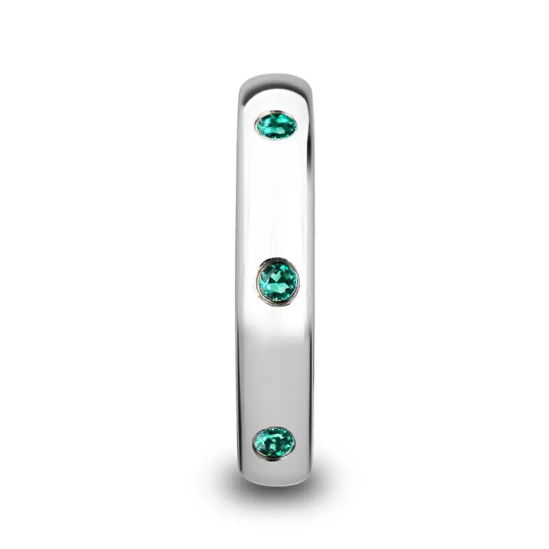 Chloe | Womens Silver Tungsten Ring, 3 Green Emeralds, Domed 2