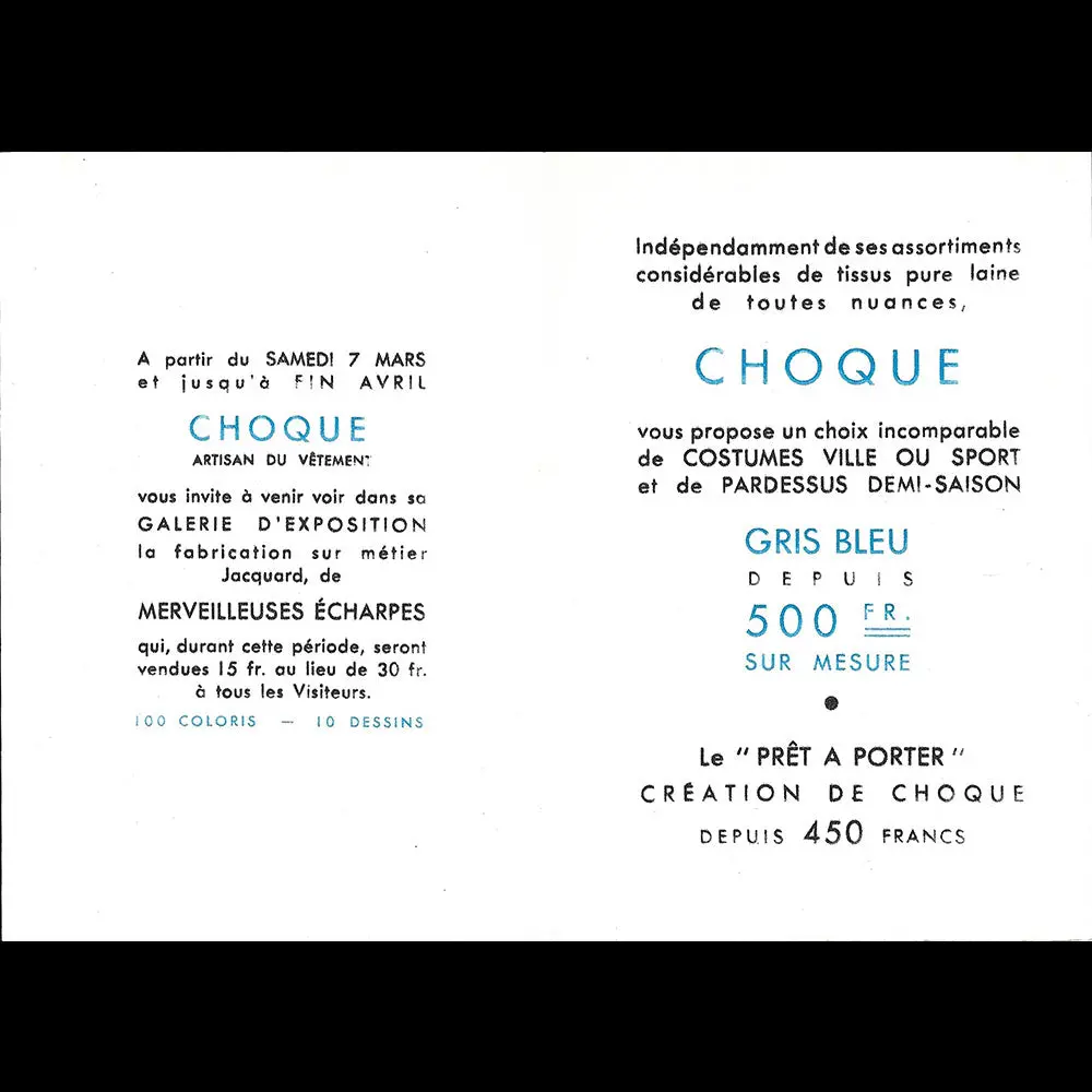 Choque - Le Gris Bleu, Carte Du Magasin, Rue Auber À Paris (1936) 2