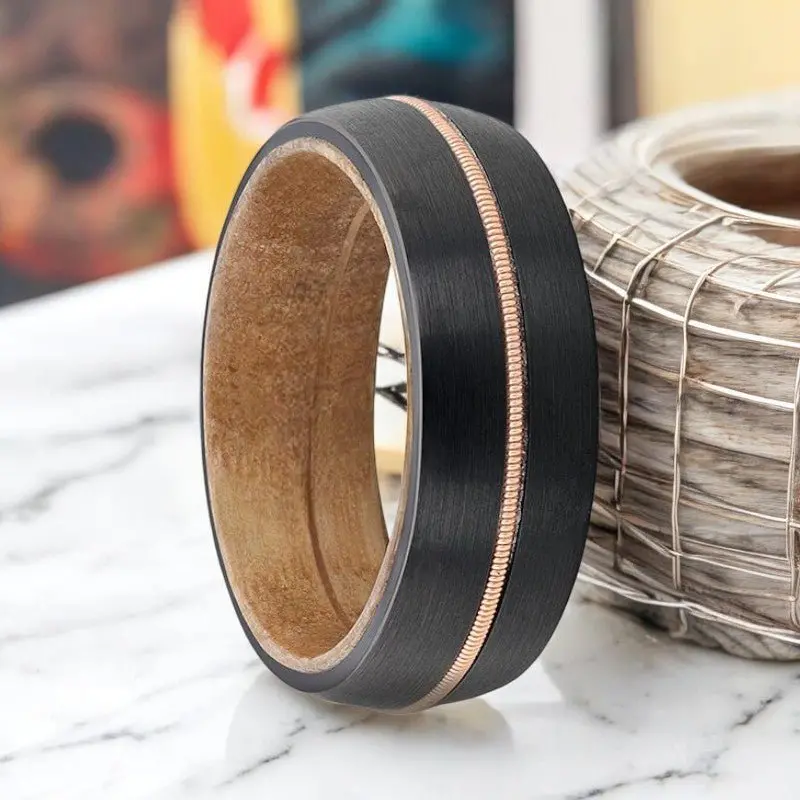 Chordal | Black Tungsten Ring, Brass Guitar String, Whiskey Barrel Wood, Domed 1