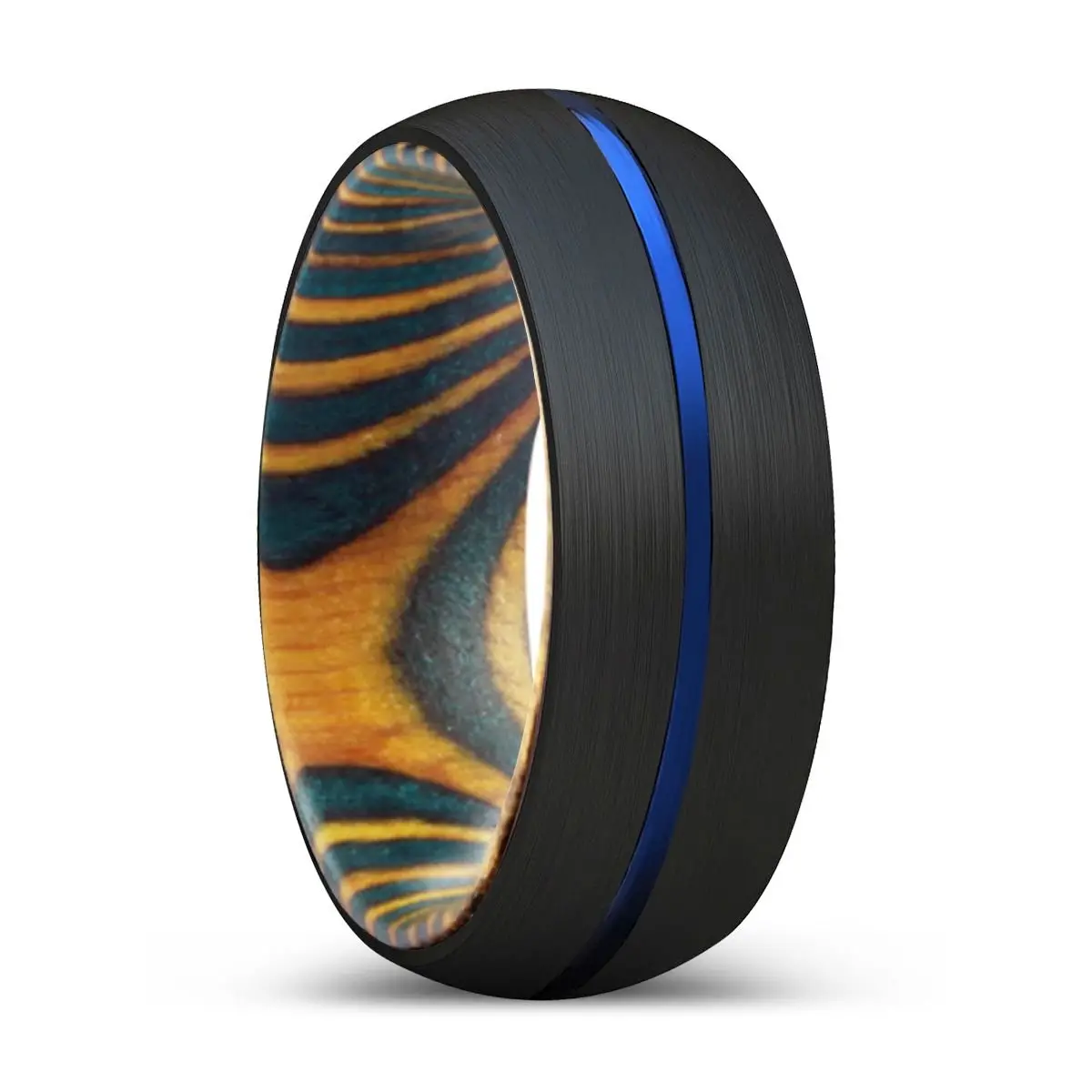 Christian | Green & Yellow Wood, Black Tungsten Ring, Blue Groove, Domed 1