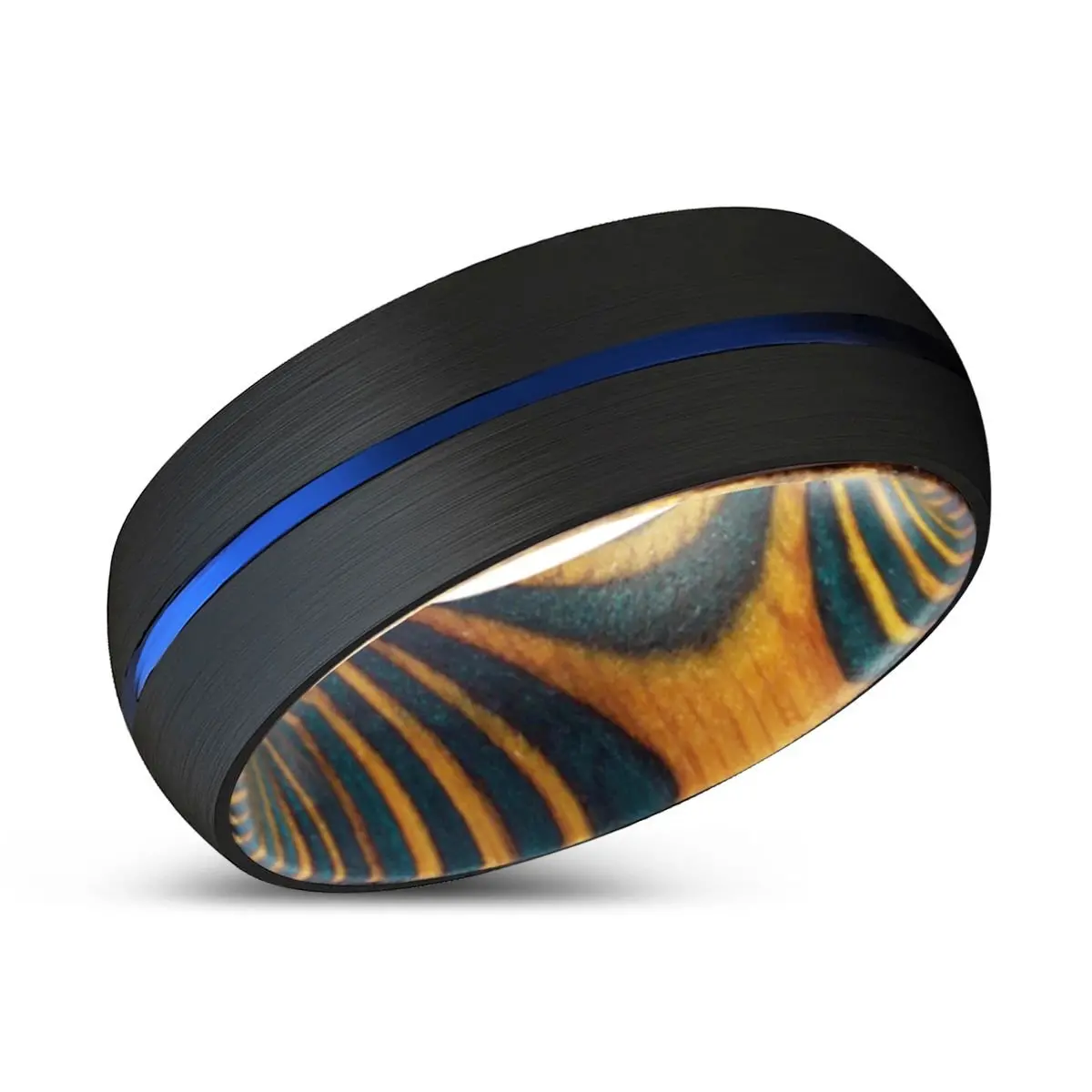 Christian | Green & Yellow Wood, Black Tungsten Ring, Blue Groove, Domed 2