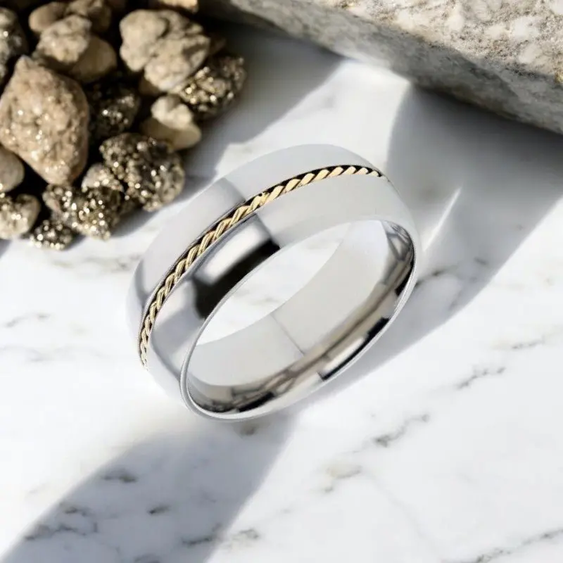 Christian | Silver Titanium Ring, 14K Gold Braided Inlay, Domed 2