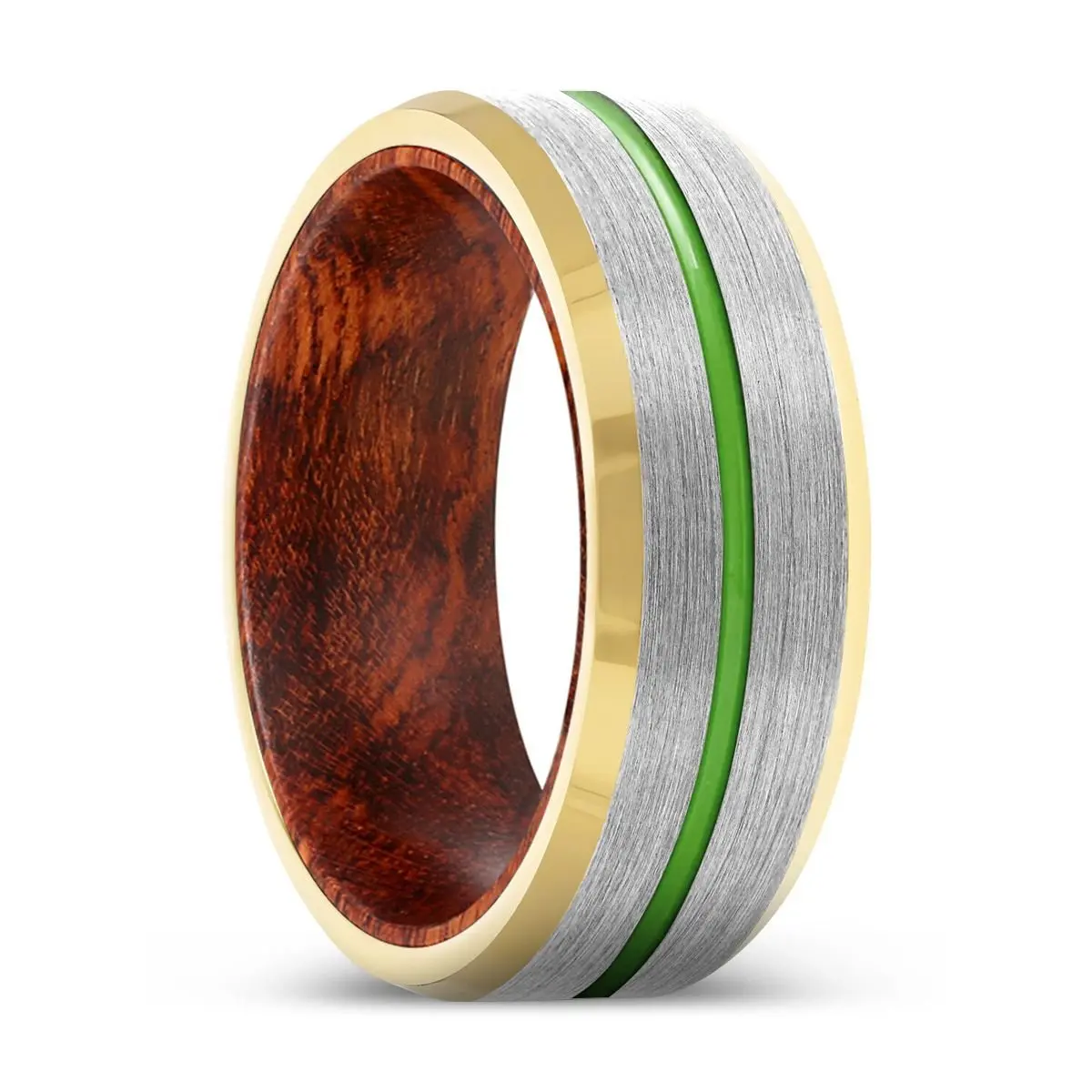 Cipher | Snake Wood, Silver Tungsten Ring, Green Groove, Gold Beveled Edge 1