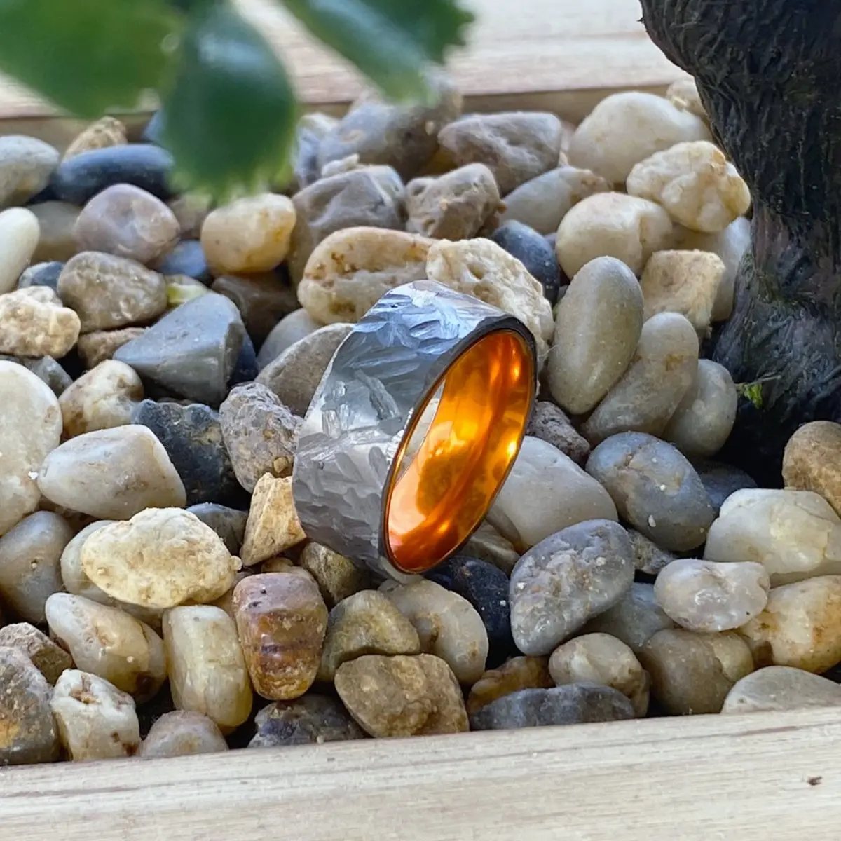 Citrus | Orange Ring, Silver Titanium Ring, Hammered, Flat 5