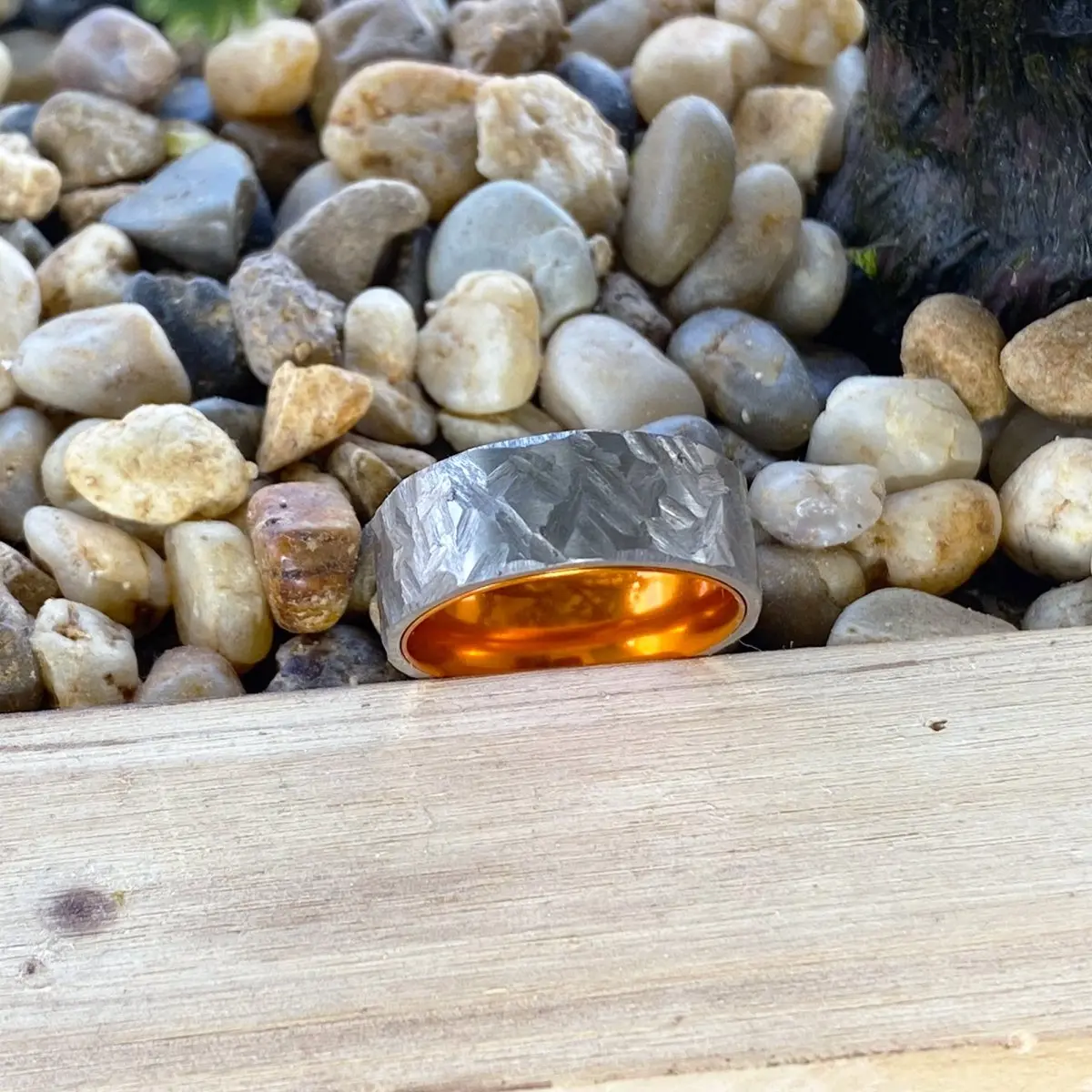 Citrus | Orange Ring, Silver Titanium Ring, Hammered, Flat 6