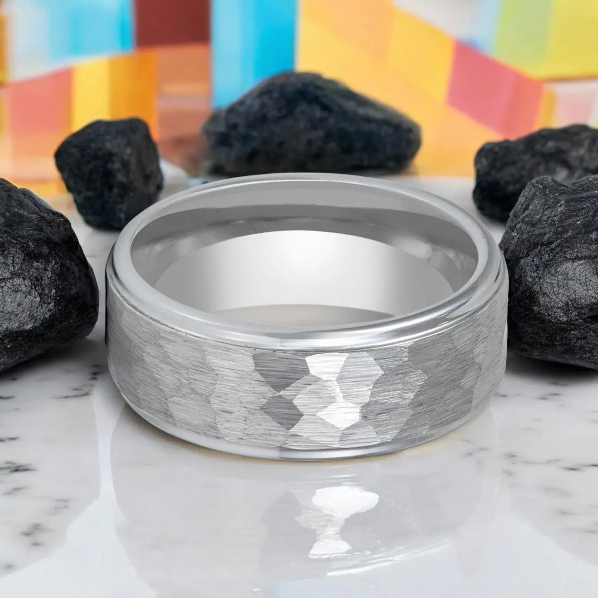 Clan | Silver Tungsten Ring, Hammered, Stepped Edge 3