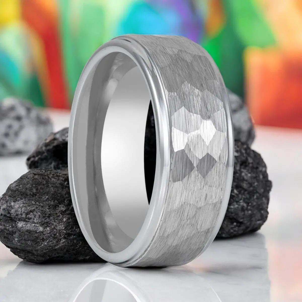 Clan | Silver Tungsten Ring, Hammered, Stepped Edge 1