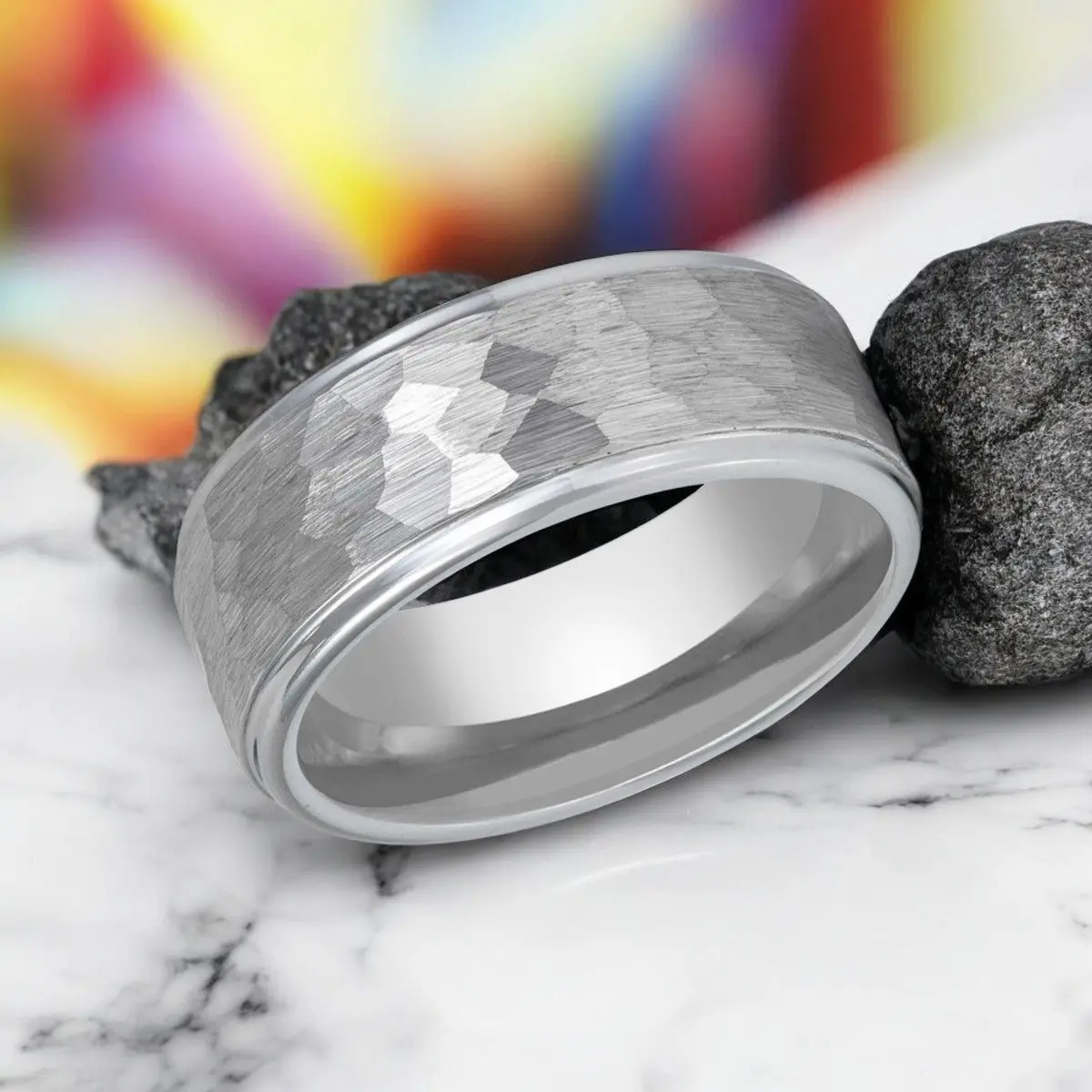 Clan | Silver Tungsten Ring, Hammered, Stepped Edge 2
