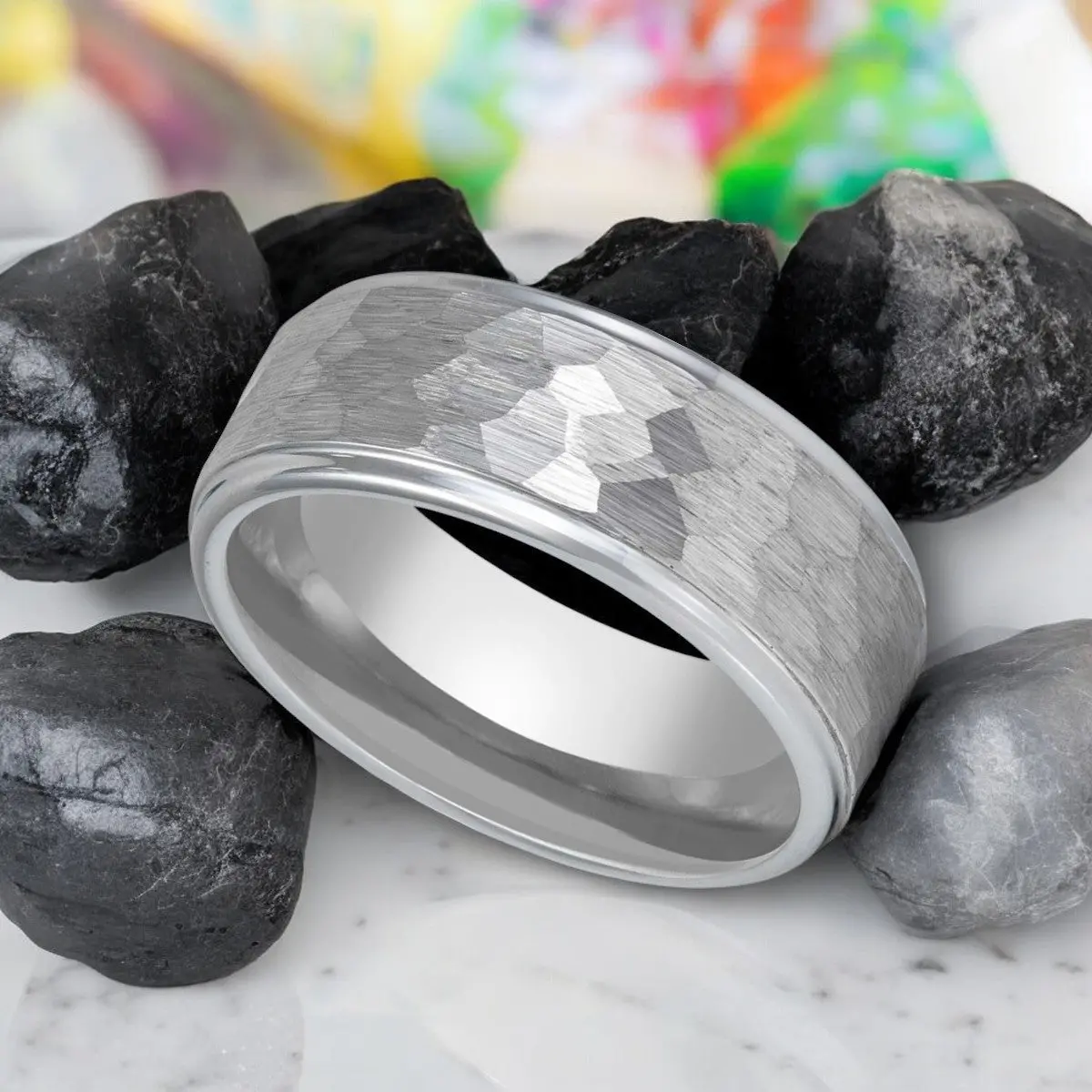 Clan | Silver Tungsten Ring, Hammered, Stepped Edge 4