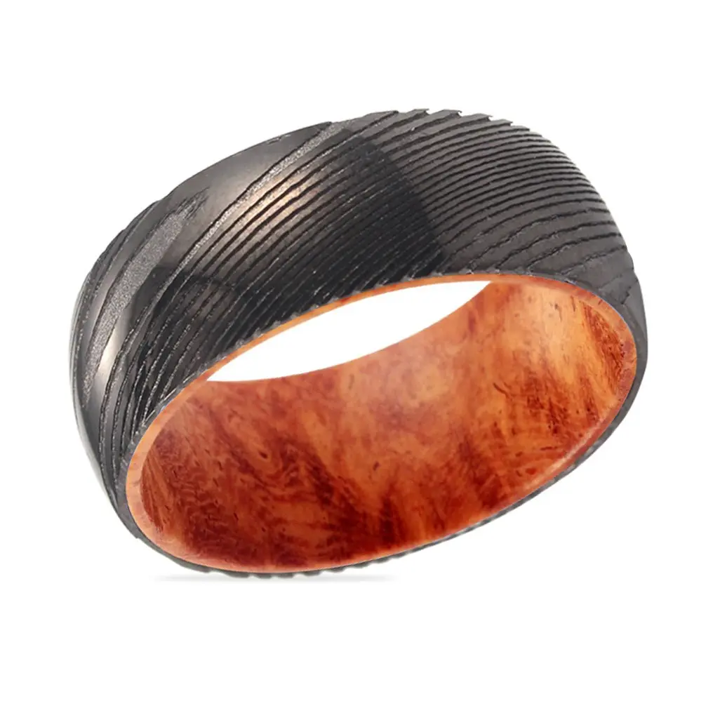 Clancy | Red Burl Wood, Gunmetal Damascus Steel Ring, Domed 2