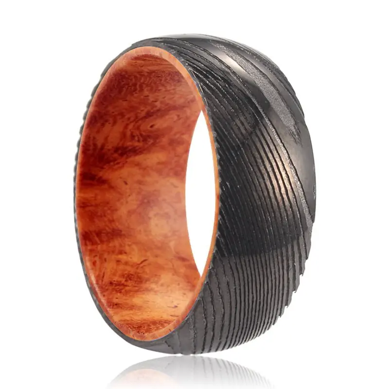 Clancy | Red Burl Wood, Gunmetal Damascus Steel Ring, Domed 1