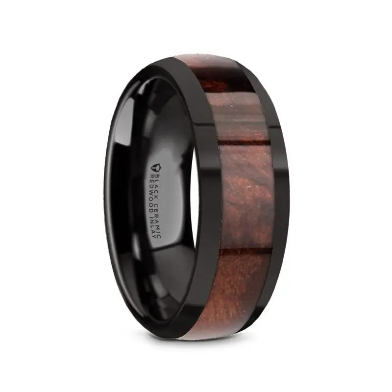 Claret | Black Ceramic Ring, Red Wood Inlay, Domed 1
