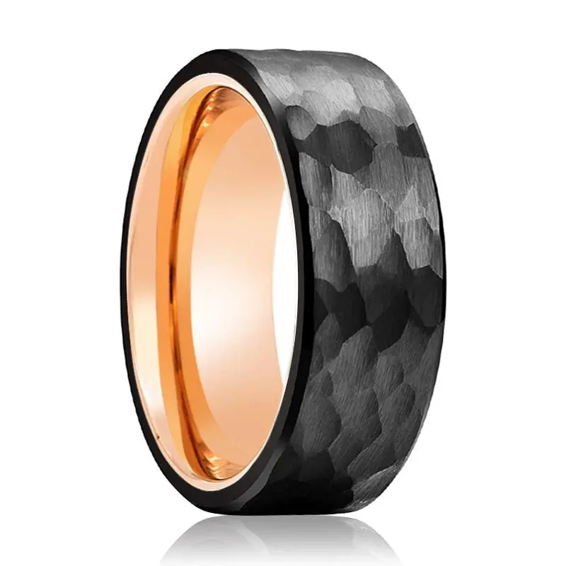 Claw - Rose Gold Ring, Black Tungsten Ring, Hammered, Flat 1