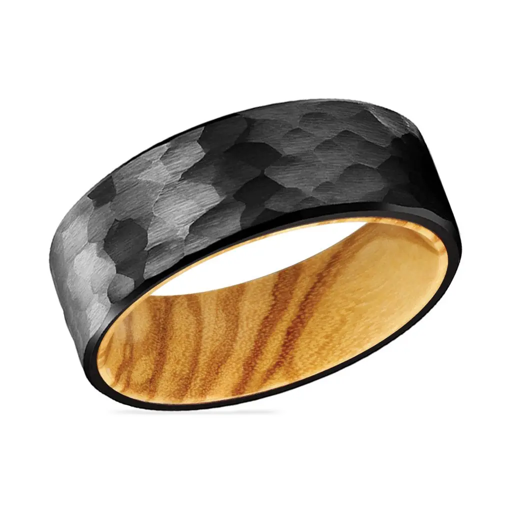 Clever | Olive Wood, Black Tungsten Ring, Hammered, Flat 2