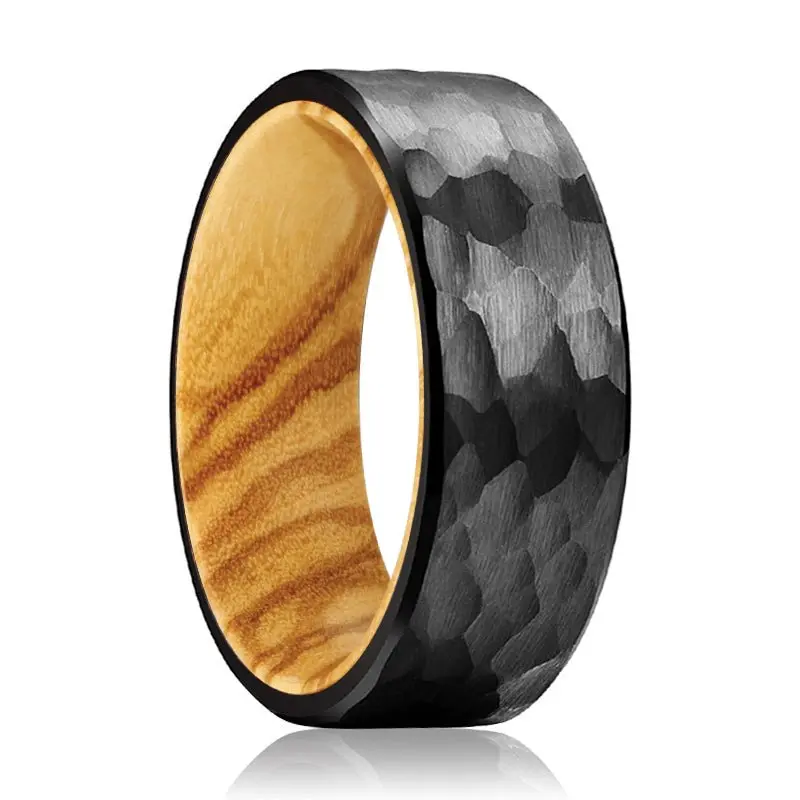 Clever | Olive Wood, Black Tungsten Ring, Hammered, Flat 1