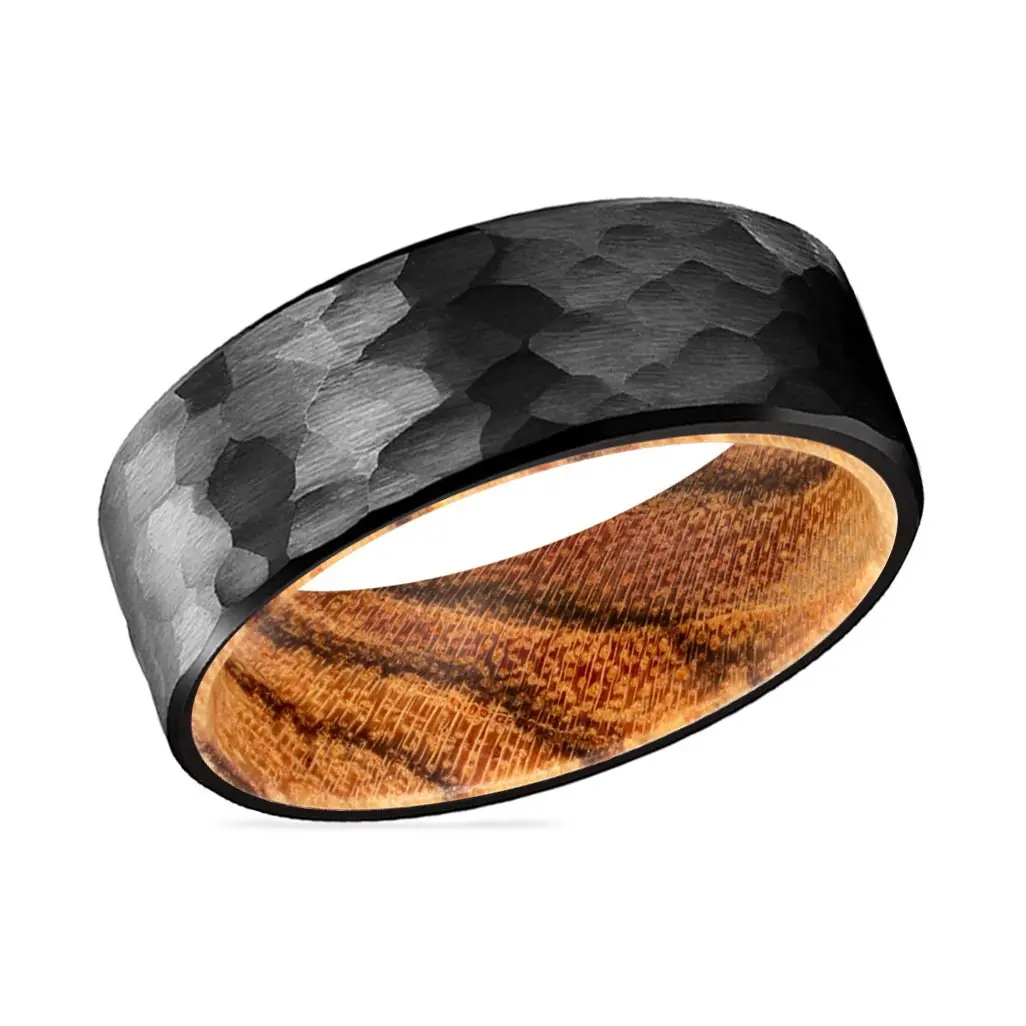 Clove | Bocote Wood, Black Tungsten Ring, Hammered, Flat 2
