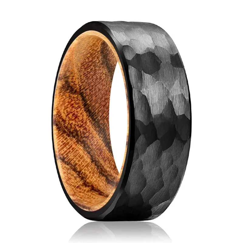 Clove | Bocote Wood, Black Tungsten Ring, Hammered, Flat 1