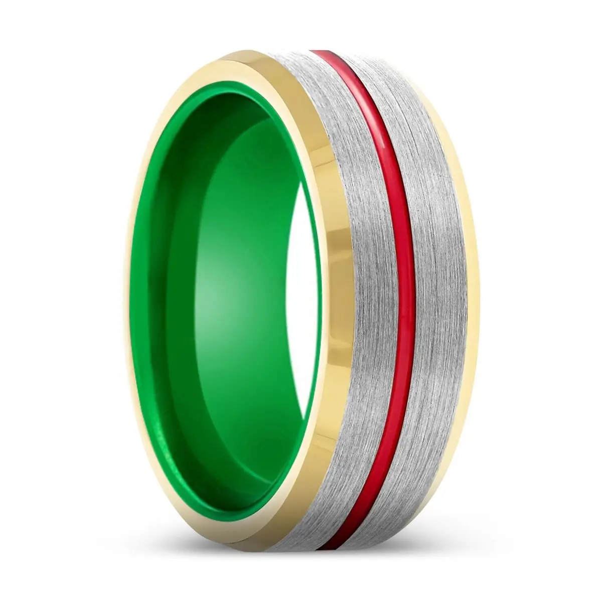 Cobra | Green Ring, Silver Tungsten Ring, Red Groove, Gold Beveled Edge 1