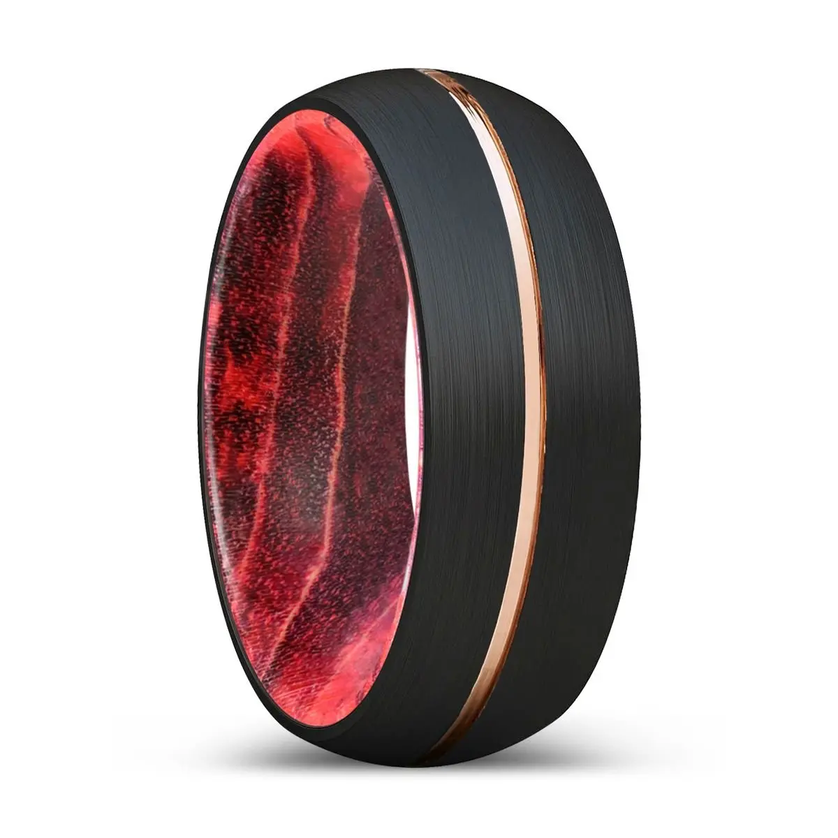 Cocia | Black & Red Wood, Black Tungsten Ring, Rose Gold Groove, Domed 1