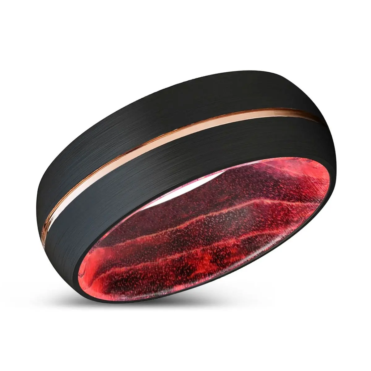 Cocia | Black & Red Wood, Black Tungsten Ring, Rose Gold Groove, Domed 2