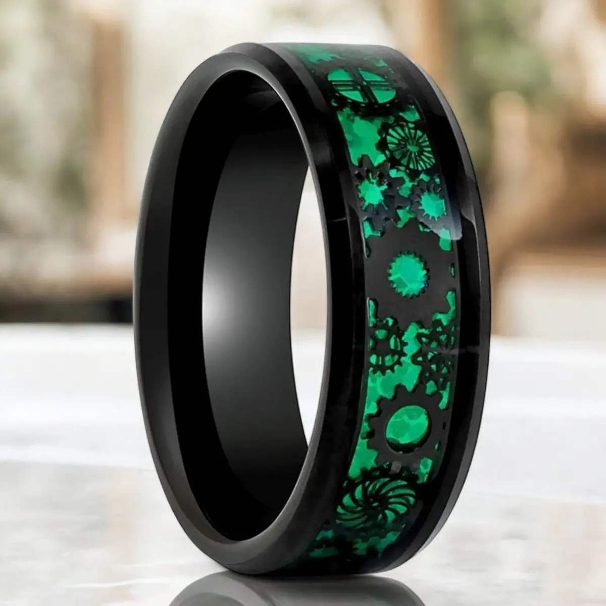 Cogspring | Black Tungsten Ring, Steampunk Gear Over Green Carbon Fiber Inlay 1