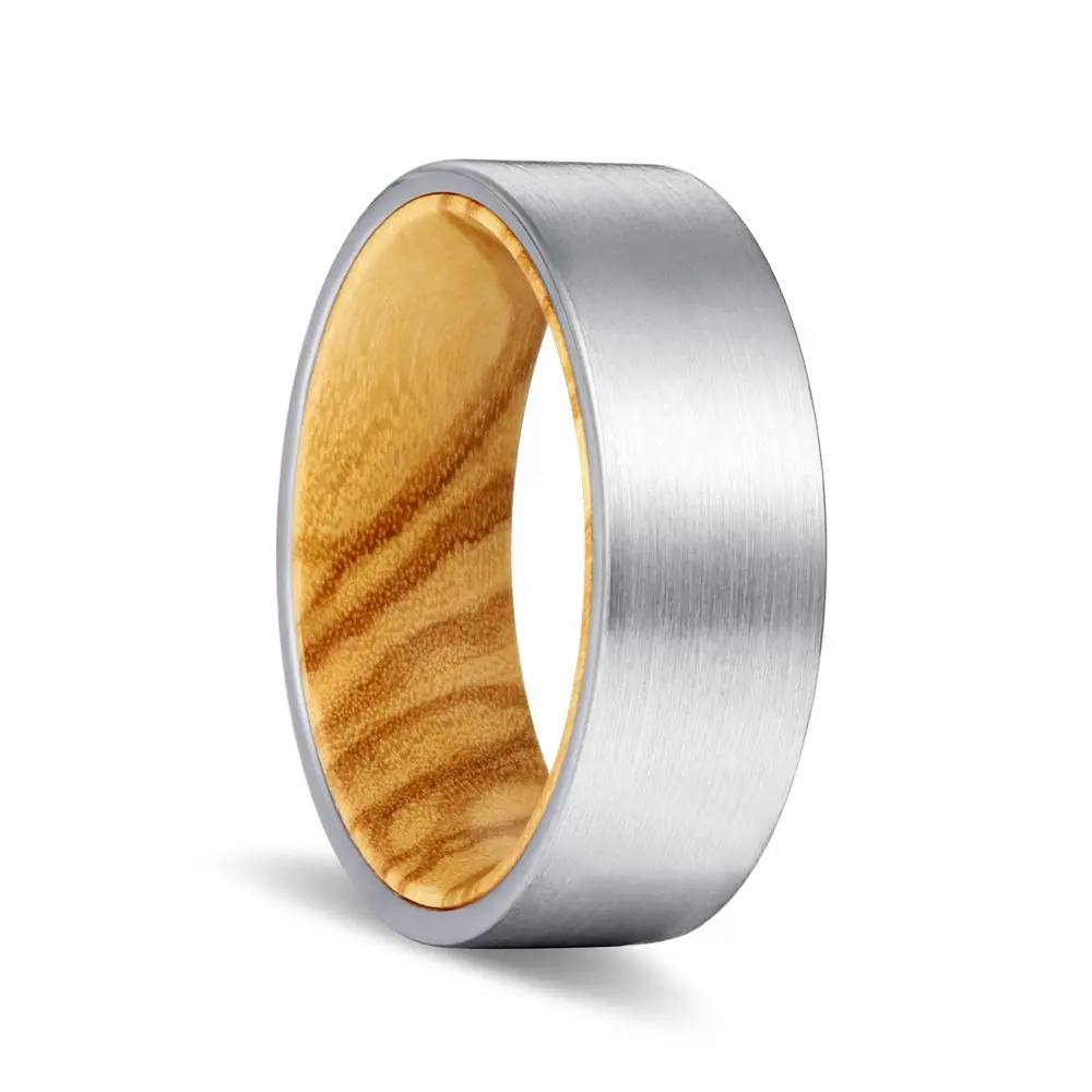 Collet | Olive Wood, Silver Tungsten Ring, Brushed, Flat 1