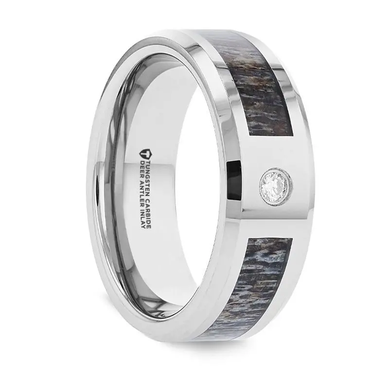 Colton | Silver Tungsten Ring, Ombre Deer Antler Inlay, Diamond, Beveled 2