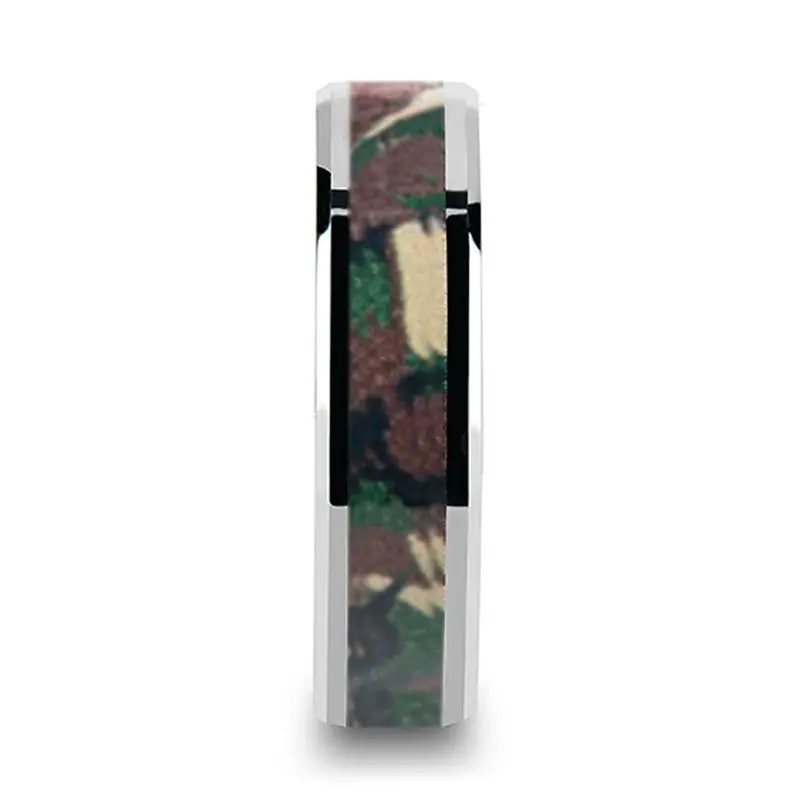 Commando | Silver Tungsten Ring, Military Style Jungle Camouflage, Beveled 1